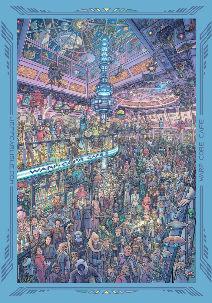art piece featuring characters in the warp core cafe from the sci fi world including doctor who, c3po, jabba