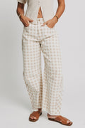 cream plaid barrel jeans with raw hem