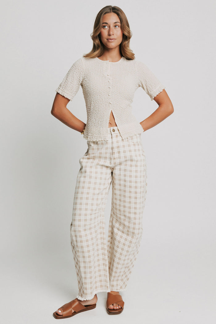 cream plaid barrel jeans with raw hem full