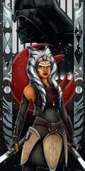 Lithograph of Ahsoka Tano from Star Wars Rebels, predominantly in white and blue tones, with a red and black background and a side profile of Darth Vader.