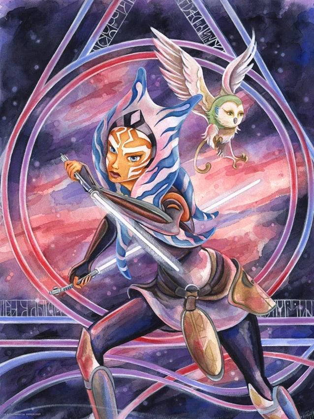Art print of Ahsoka Tano holding dual lightsabers, accompanied by Morai the Convor against a purple and pink background.