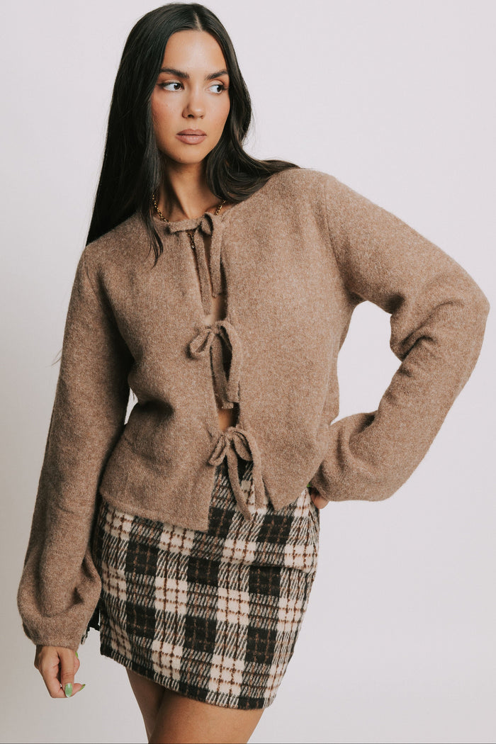 knit open tie cardigan with balloon sleeves