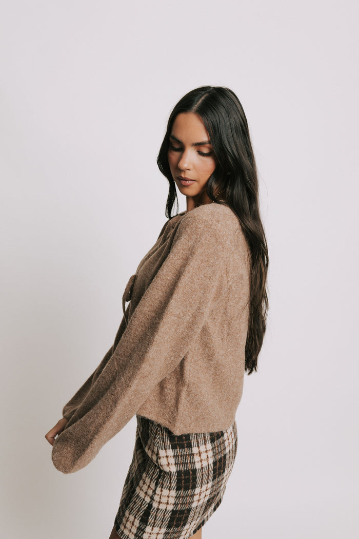 knit open tie cardigan with balloon sleeves side