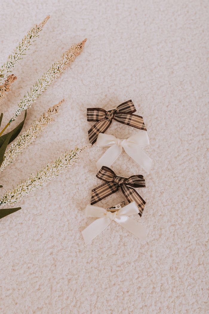 Two plaid hair bows on a textured beige surface with dried flowers.