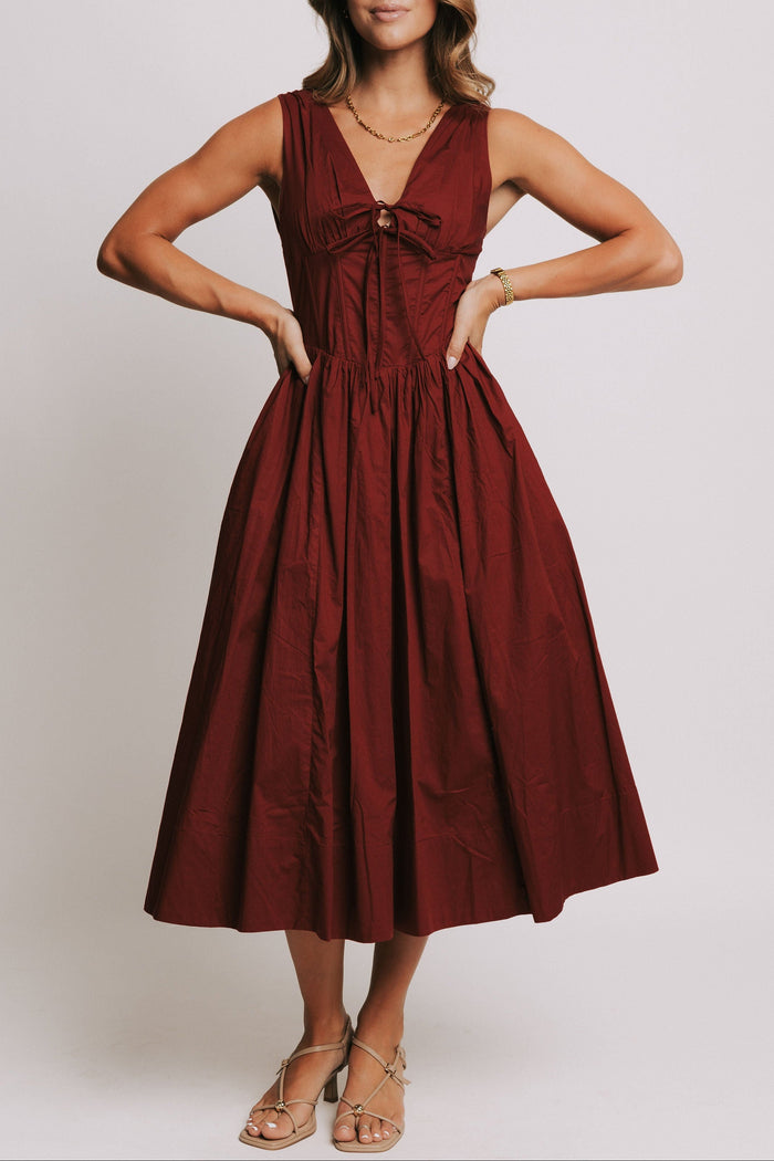 red midi dress with structured bodice