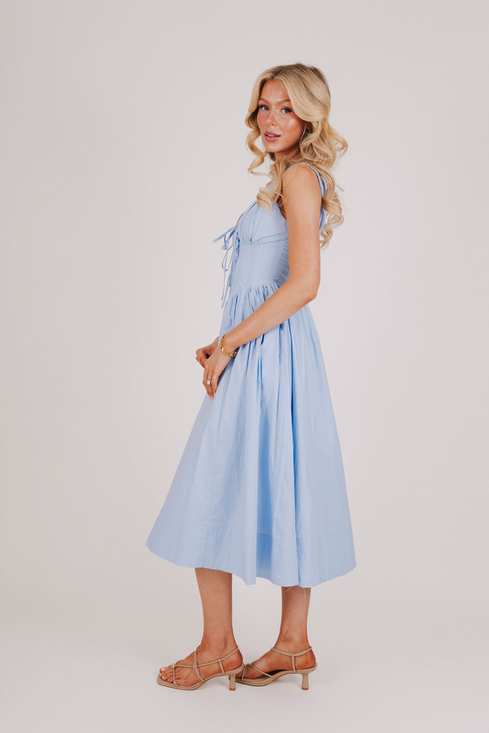 blue midi dress with structured bodice side