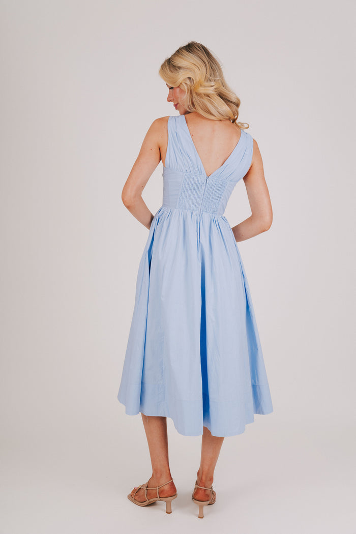 blue midi dress with structured bodice back