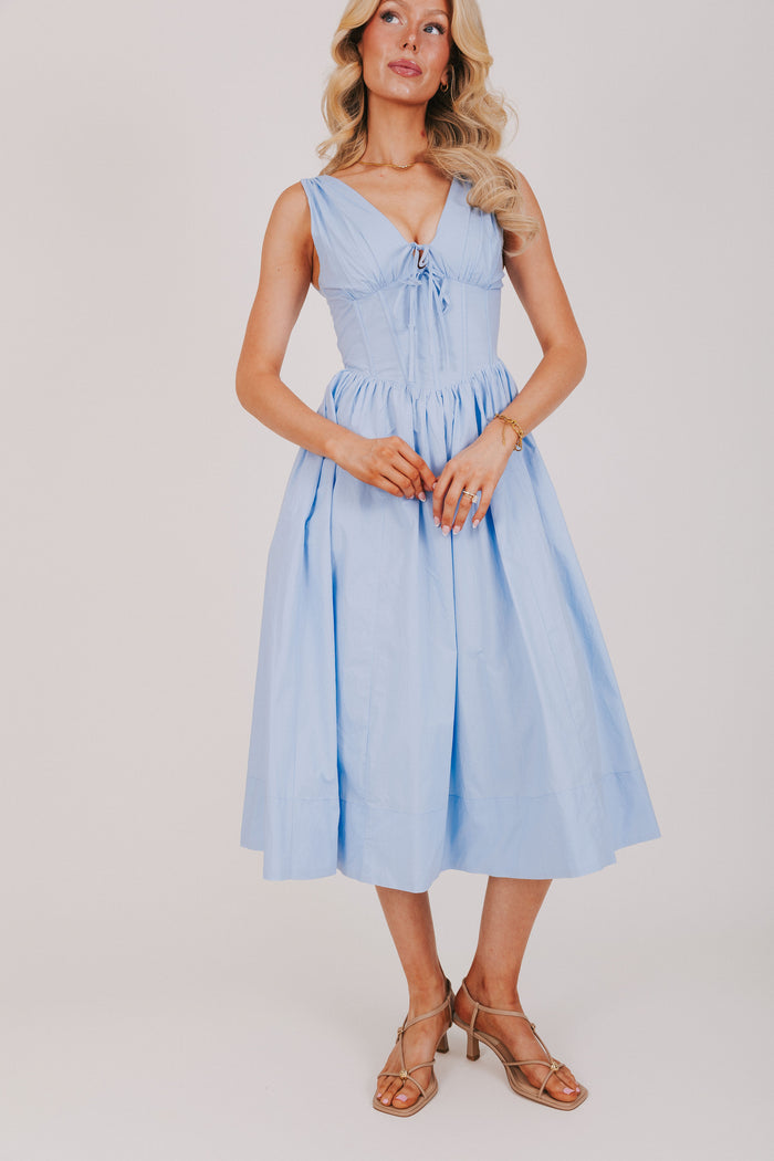 blue midi dress with structured bodice