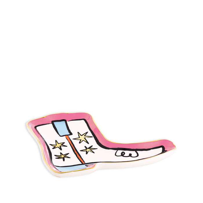 Decorative plate shaped like a cowboy boot with stars on a white background