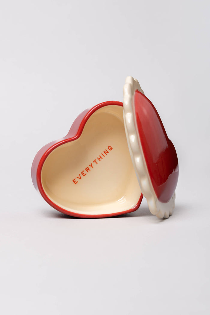 red heart shaped ceramic trinket box 'everything' on interior plus lid