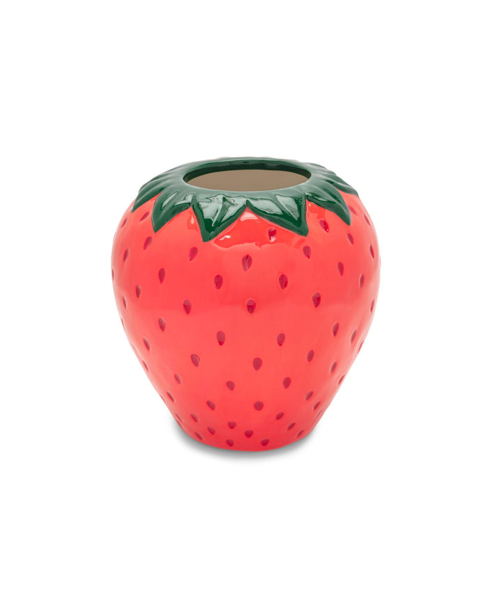 red strawberry shaped vase green stem open top deep red seeds