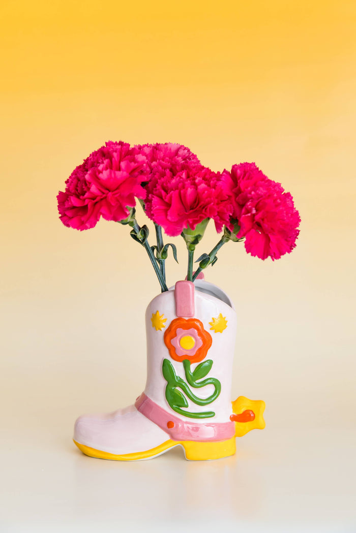 cowboy boot vase with flowers colorful pink
