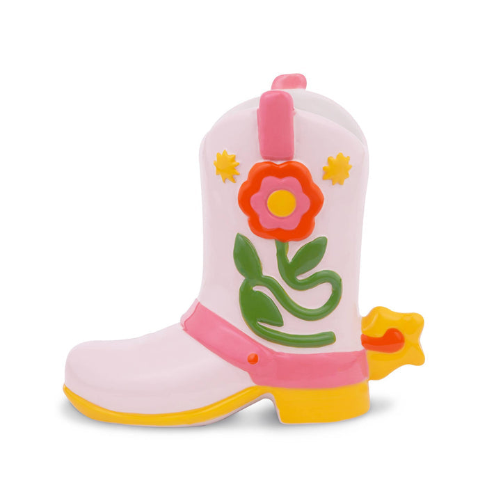 Ceramic cowboy boot vase colorful pink yellow spur decor