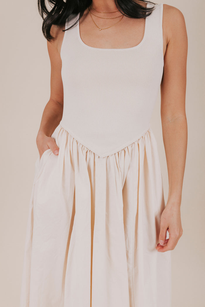 natural basque waist ribbed midi dress detail