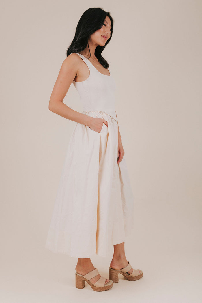 natural basque waist ribbed midi dress side