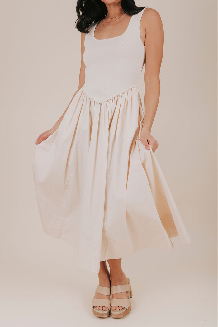 natural basque waist ribbed midi dress front 2