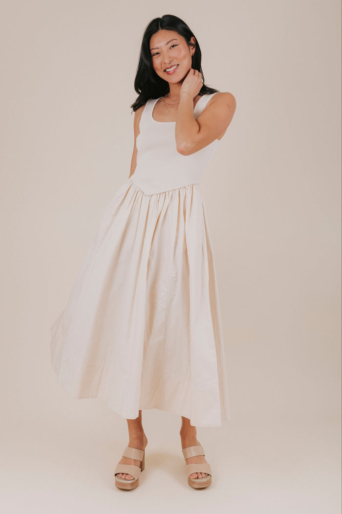 natural basque waist ribbed midi dress full