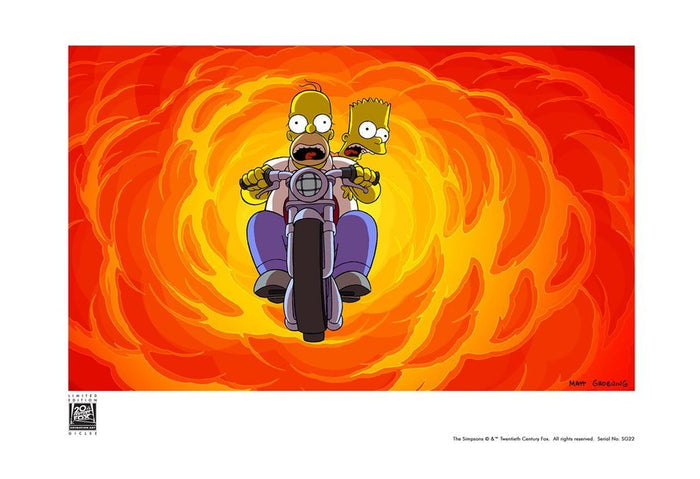 homer and bart simpson screaming whilst on a motorbike backed by an explosion.