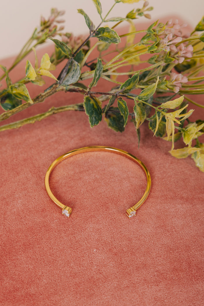 Gold bracelet on a pink surface with green leaves
