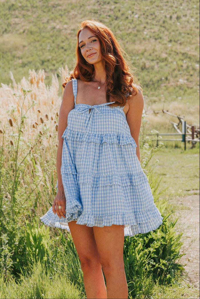 blue and white gingham tiered babydoll dress lifestyle