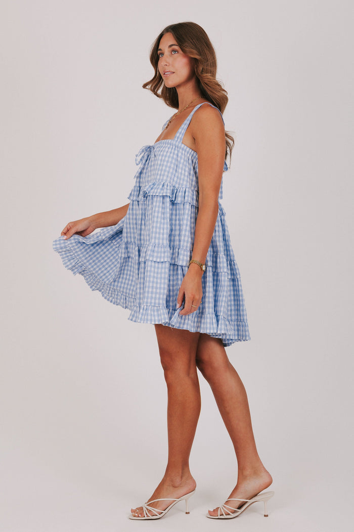blue and white gingham tiered babydoll dress side