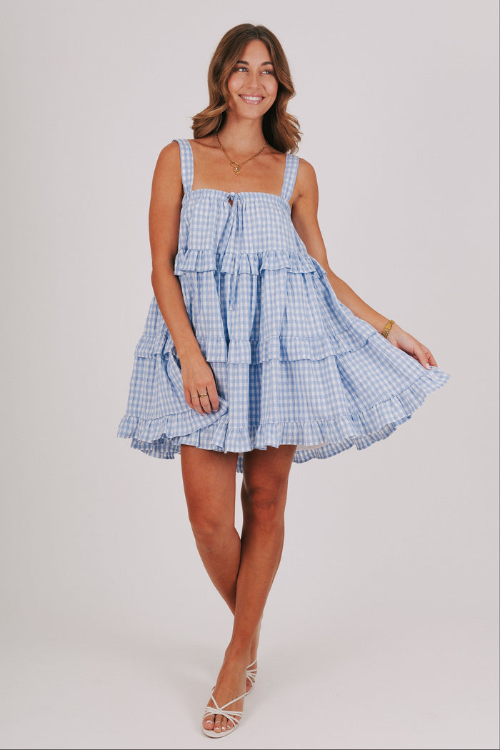 blue and white gingham tiered babydoll dress full