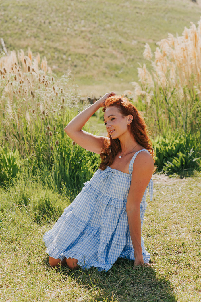 blue and white gingham tiered babydoll dress lifestyle 2