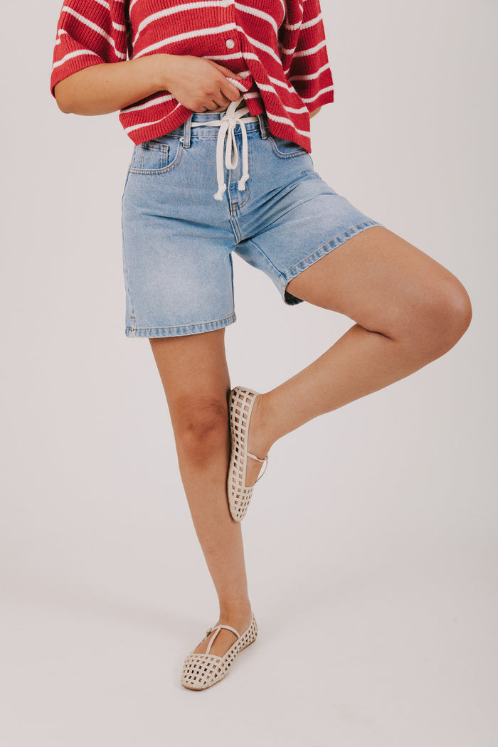 denim midi shorts with waist tie