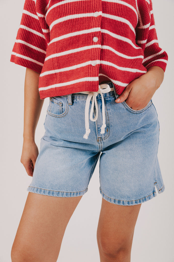 denim midi shorts with waist tie