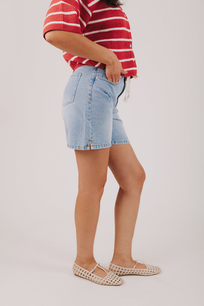 denim midi shorts with waist tie
