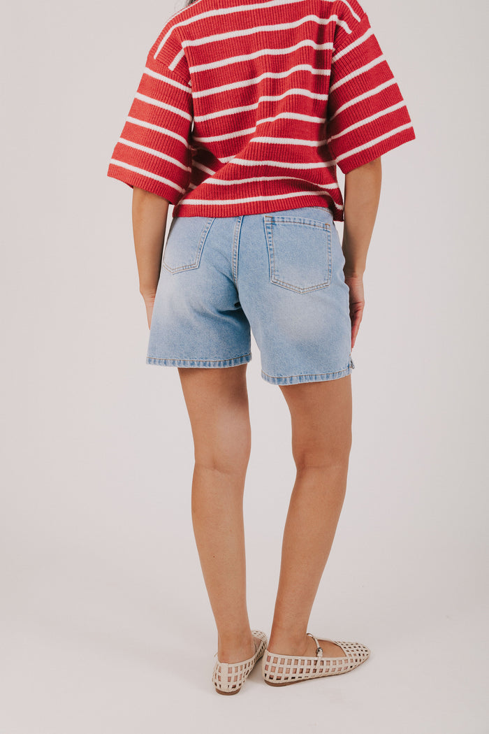 denim midi shorts with waist tie