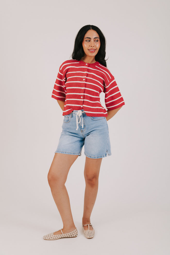 denim midi shorts with waist tie