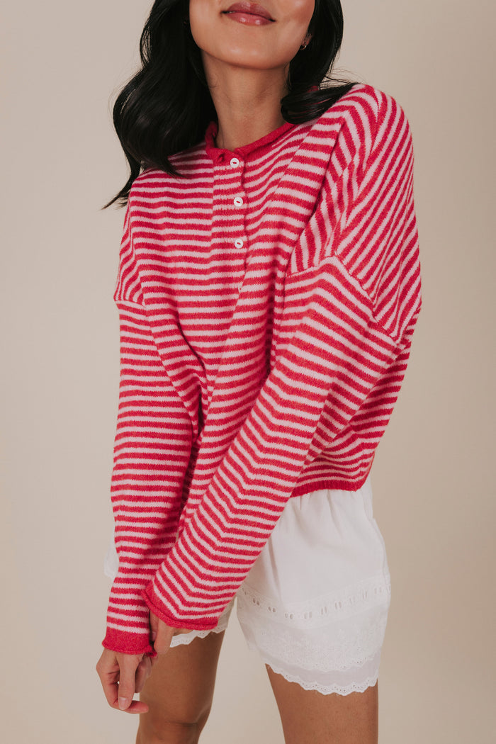 red pink stripe button knit cardigan detail