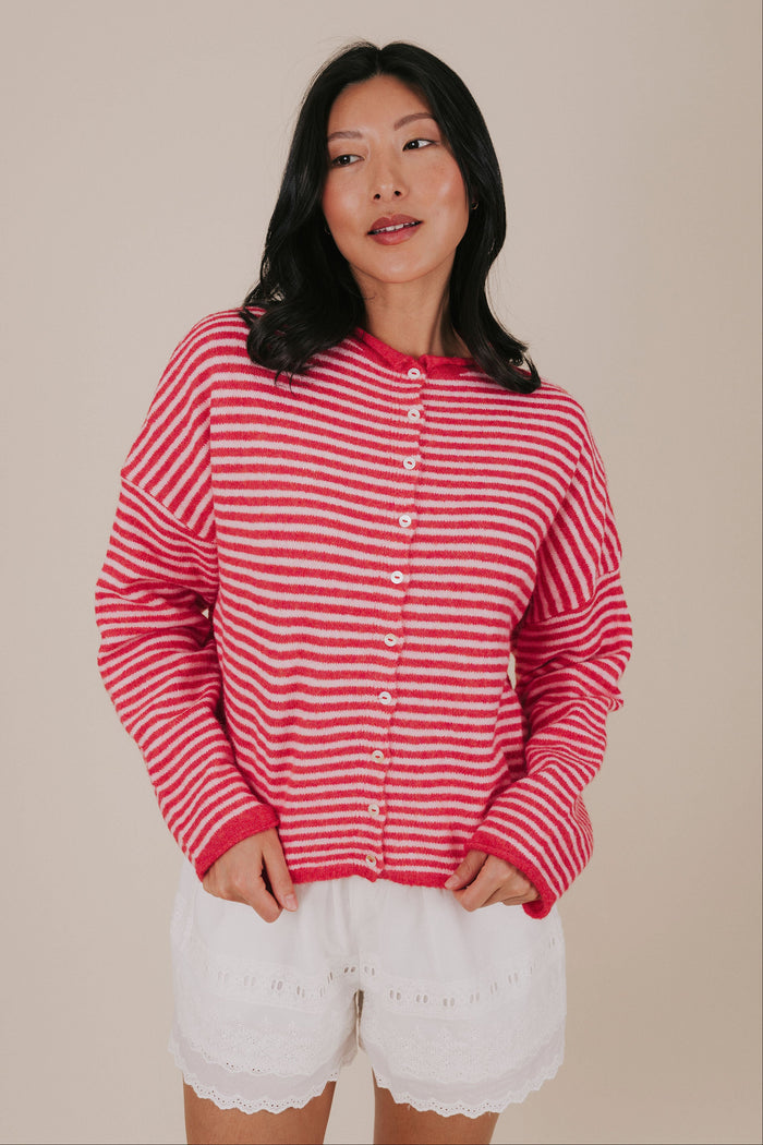 red pink stripe button knit cardigan front