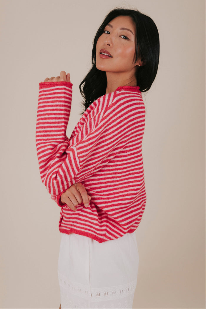 red pink stripe button knit cardigan side