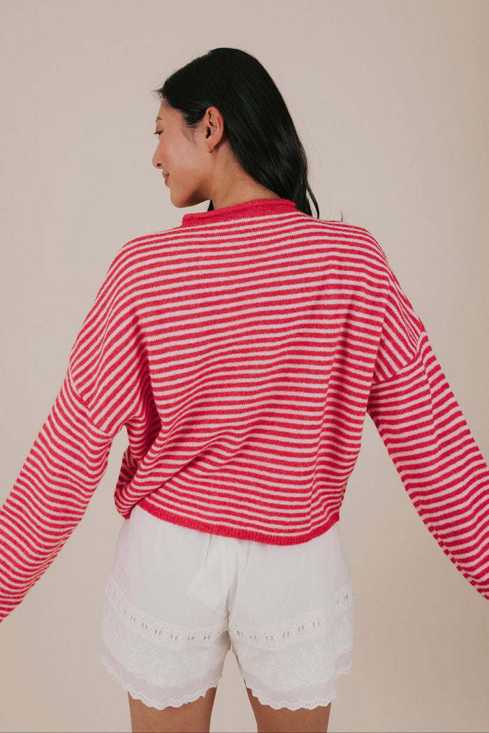 red pink stripe button knit cardigan back