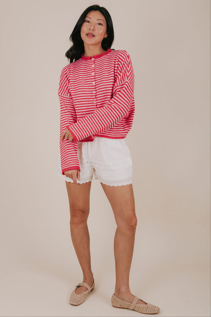 red pink stripe button knit cardigan full