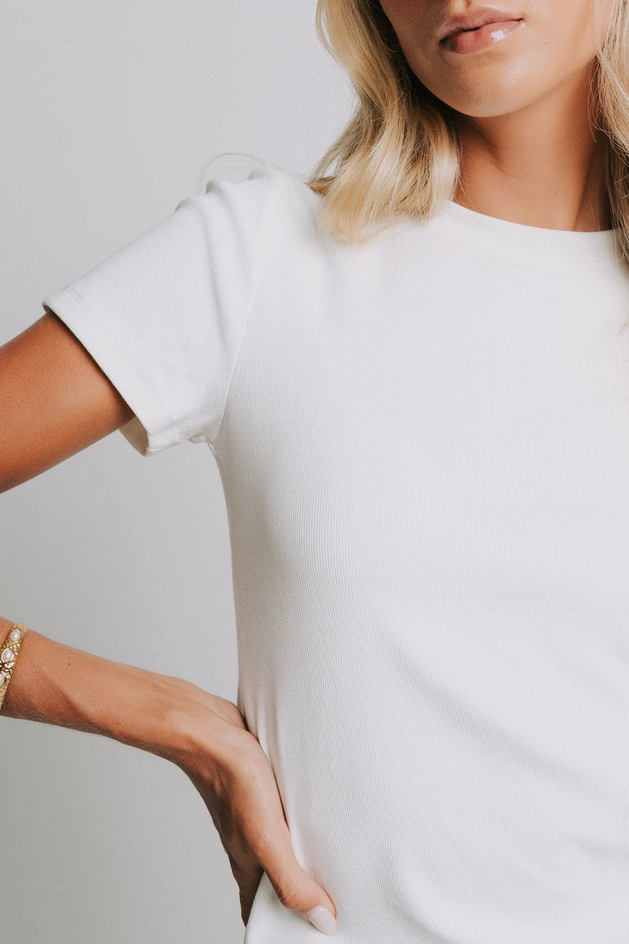 ribbed short sleeve white top front