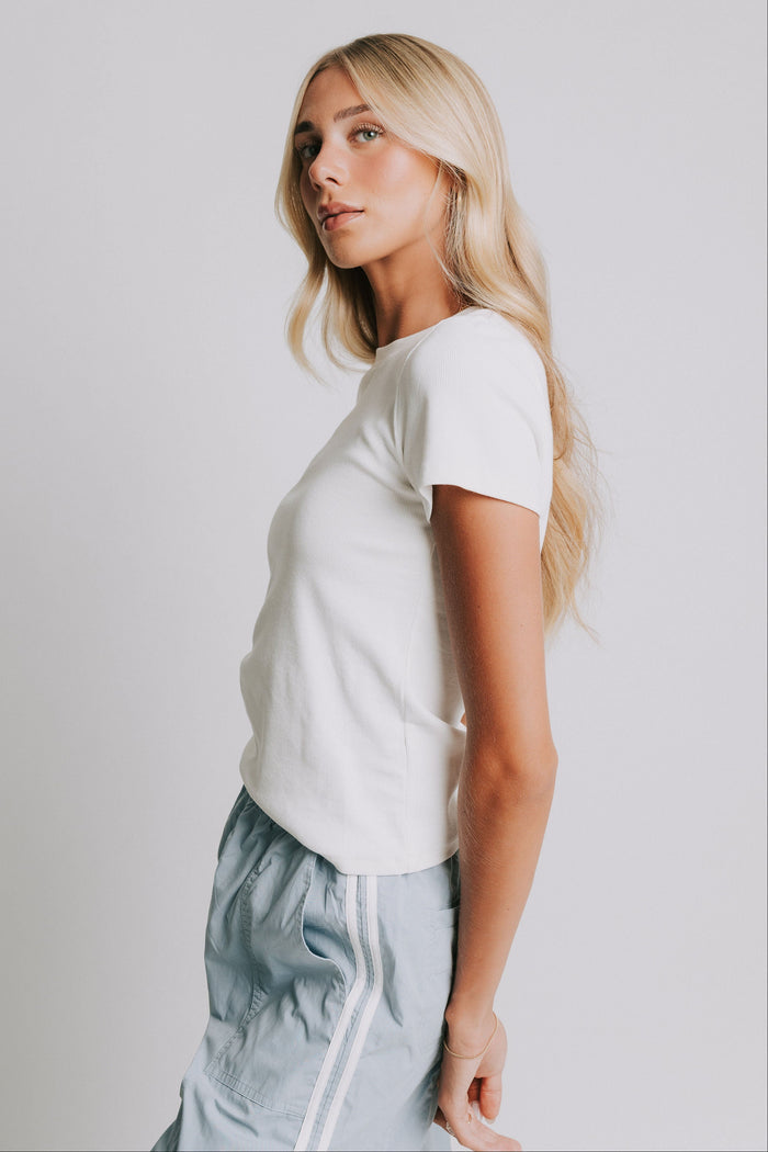 ribbed short sleeve white top side