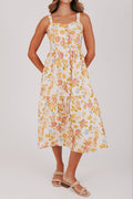 floral midi dress with scalloped buttons