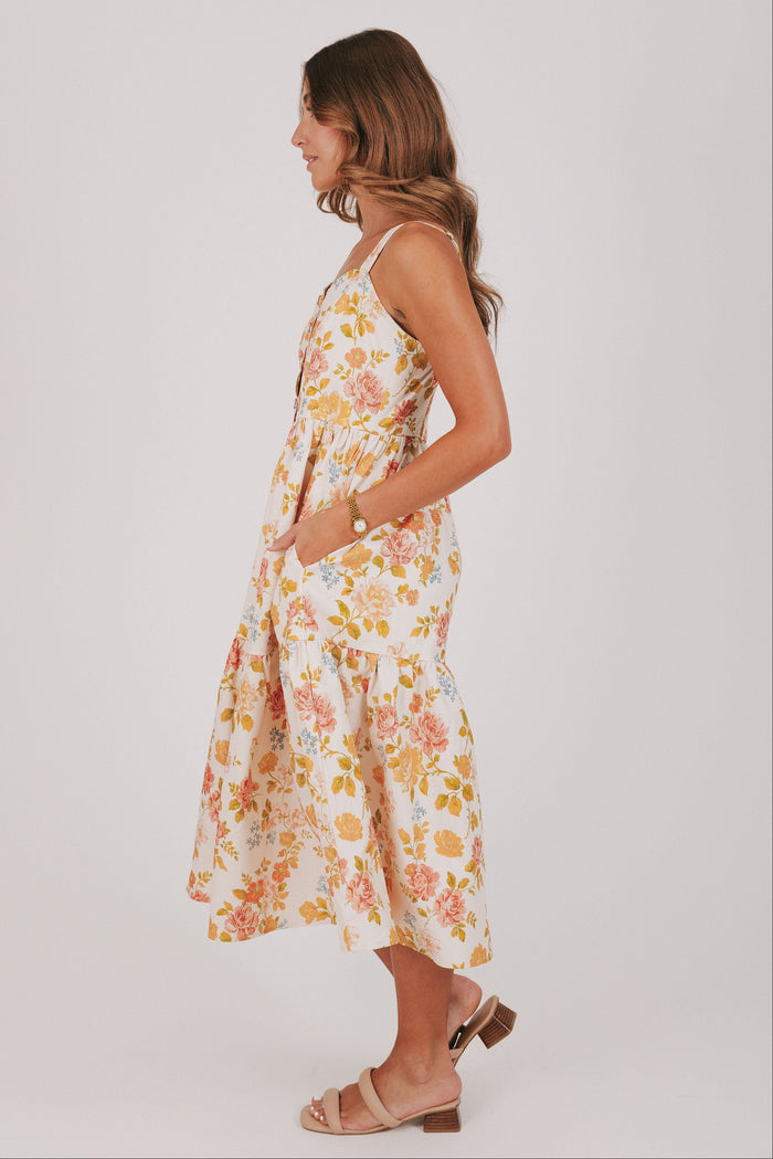 floral midi dress with scalloped buttons side