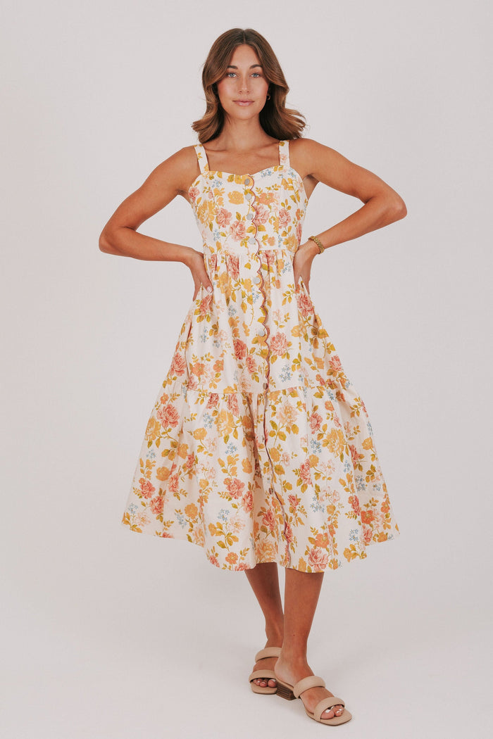 floral midi dress with scalloped buttons full