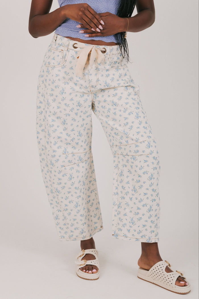 denim blue floral cream tie barrel jean front