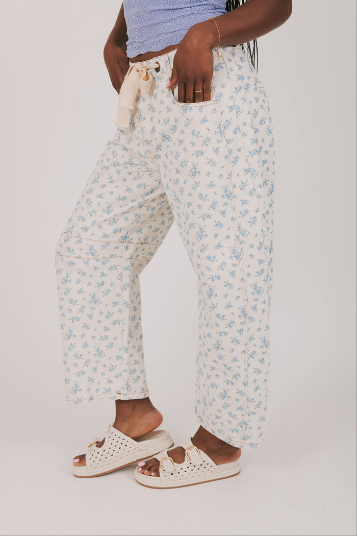 denim blue floral cream tie barrel jean side