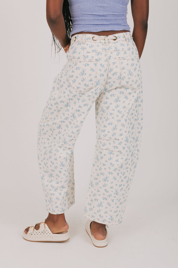 denim blue floral cream tie barrel jean back