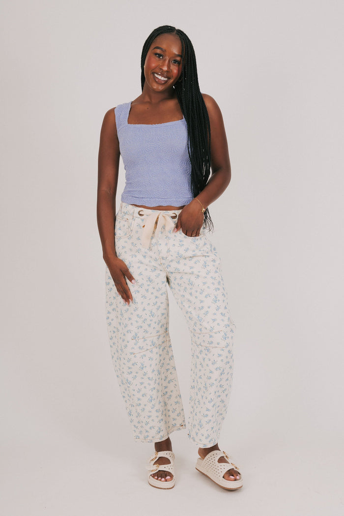 denim blue floral cream tie barrel jean model