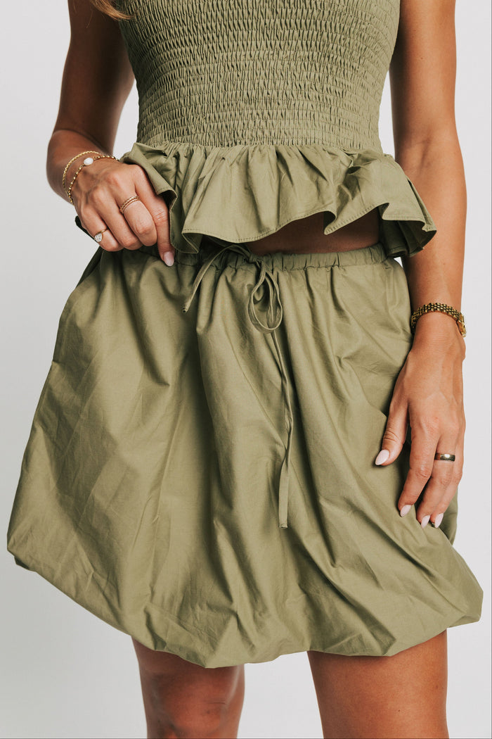 olive bubble hem mini skirt close
