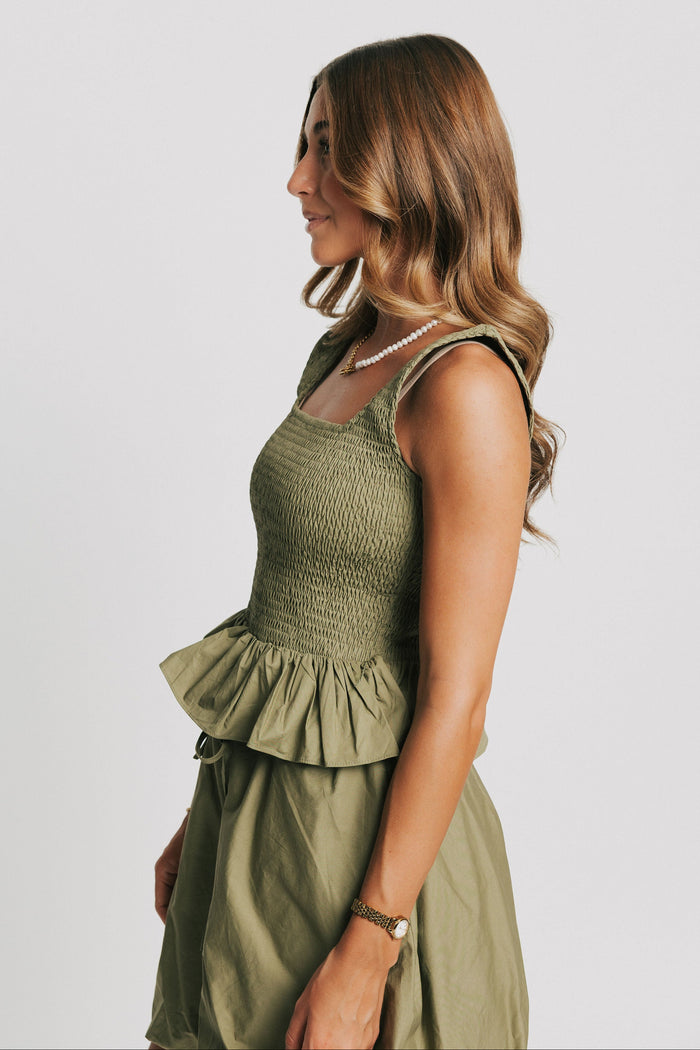 sleeveless olive square neck peplum top side