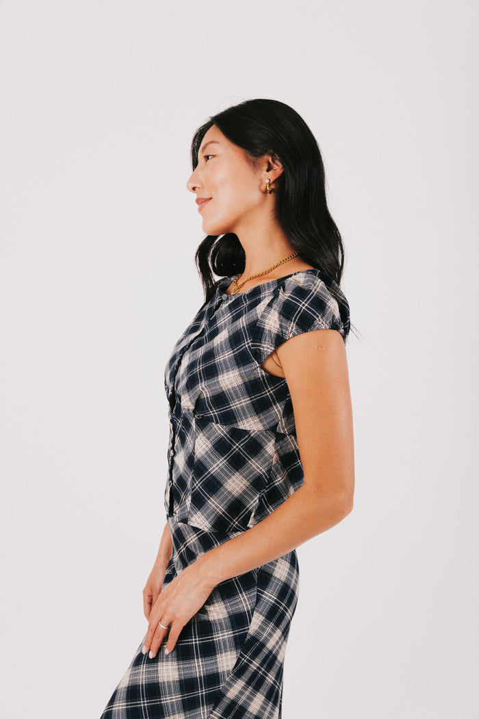 plaid cap sleeve top with buttons side