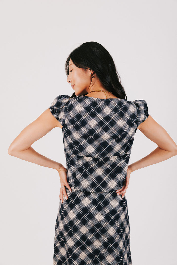 plaid cap sleeve top with buttons back
